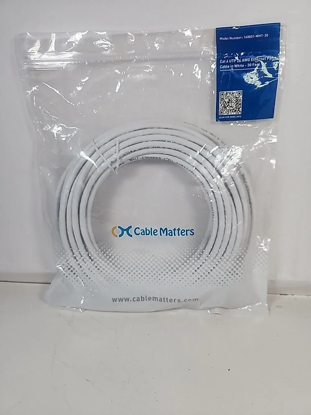 Cable Matters 160001-WHT-30 White Cat 6 UTP 24 AWG Ethernet Patch Cable 30 Feet